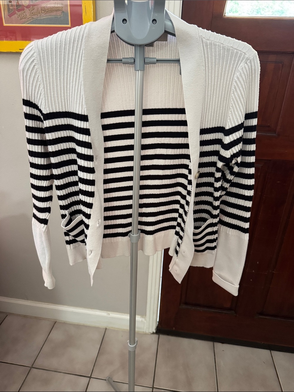 LOFT Black & White Striped Open Front Cardigan